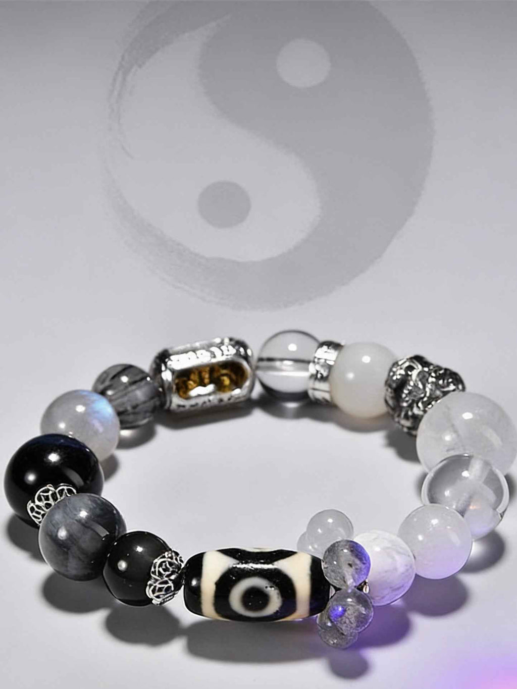 Natural Crystal Obsidian Dzi Moonstone Beaded Bracelet