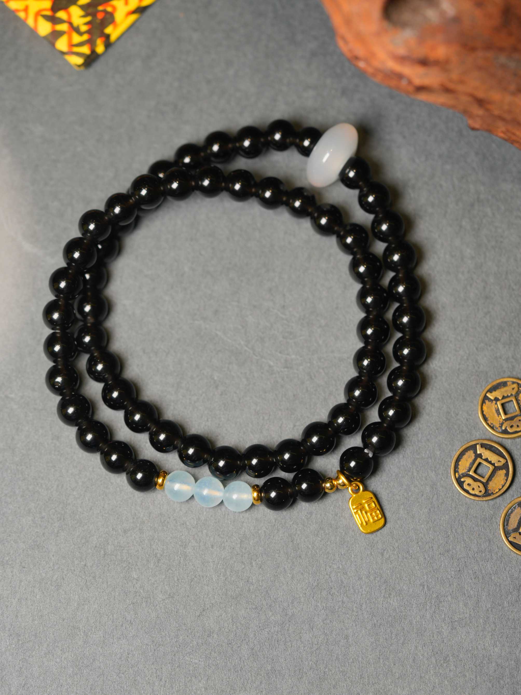 Natural Obsidian Aquamarine White Chalcedony Wealth-Attracting Double-Loop Bracelet