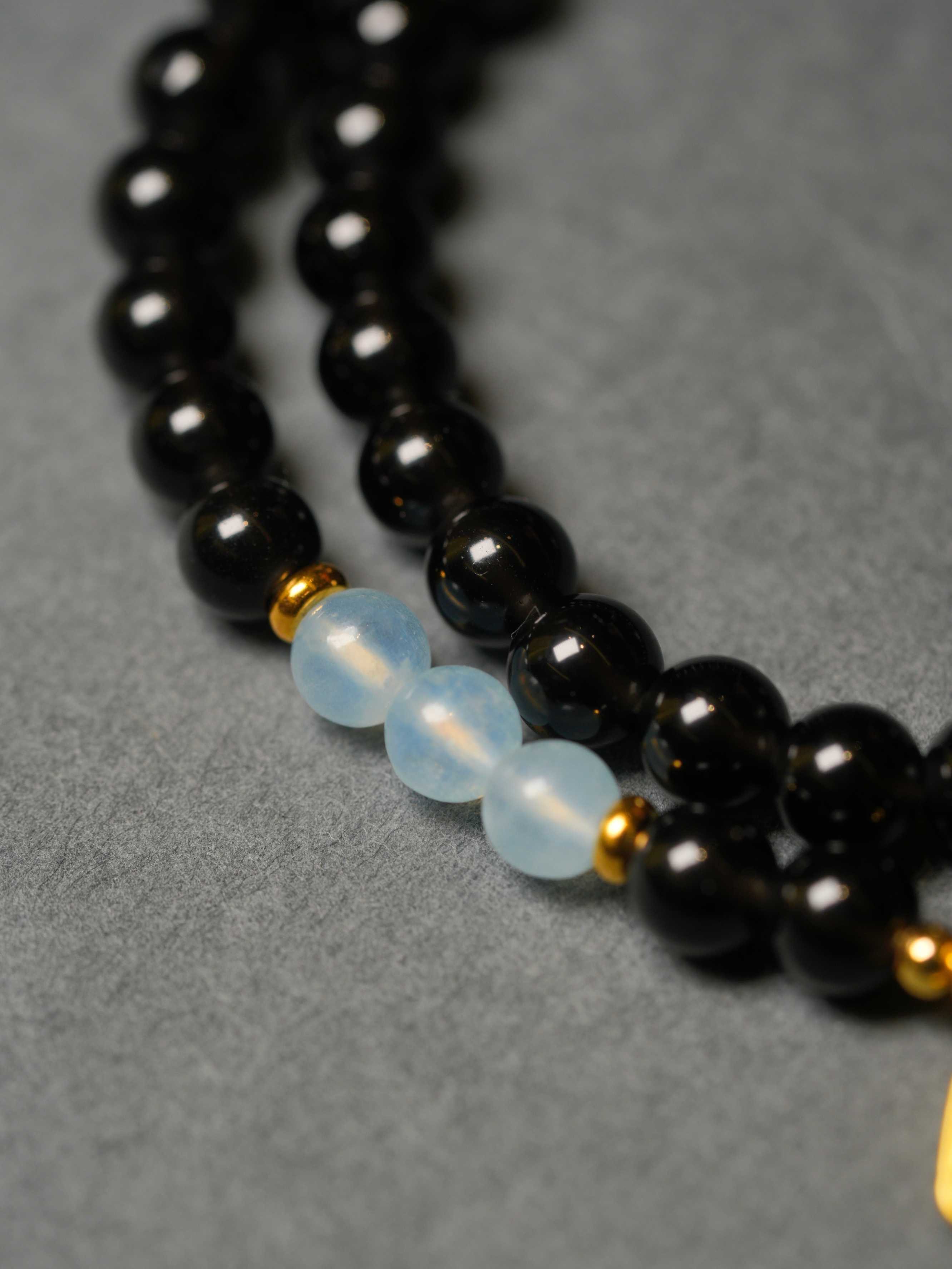 Natural Obsidian Aquamarine White Chalcedony Wealth-Attracting Double-Loop Bracelet