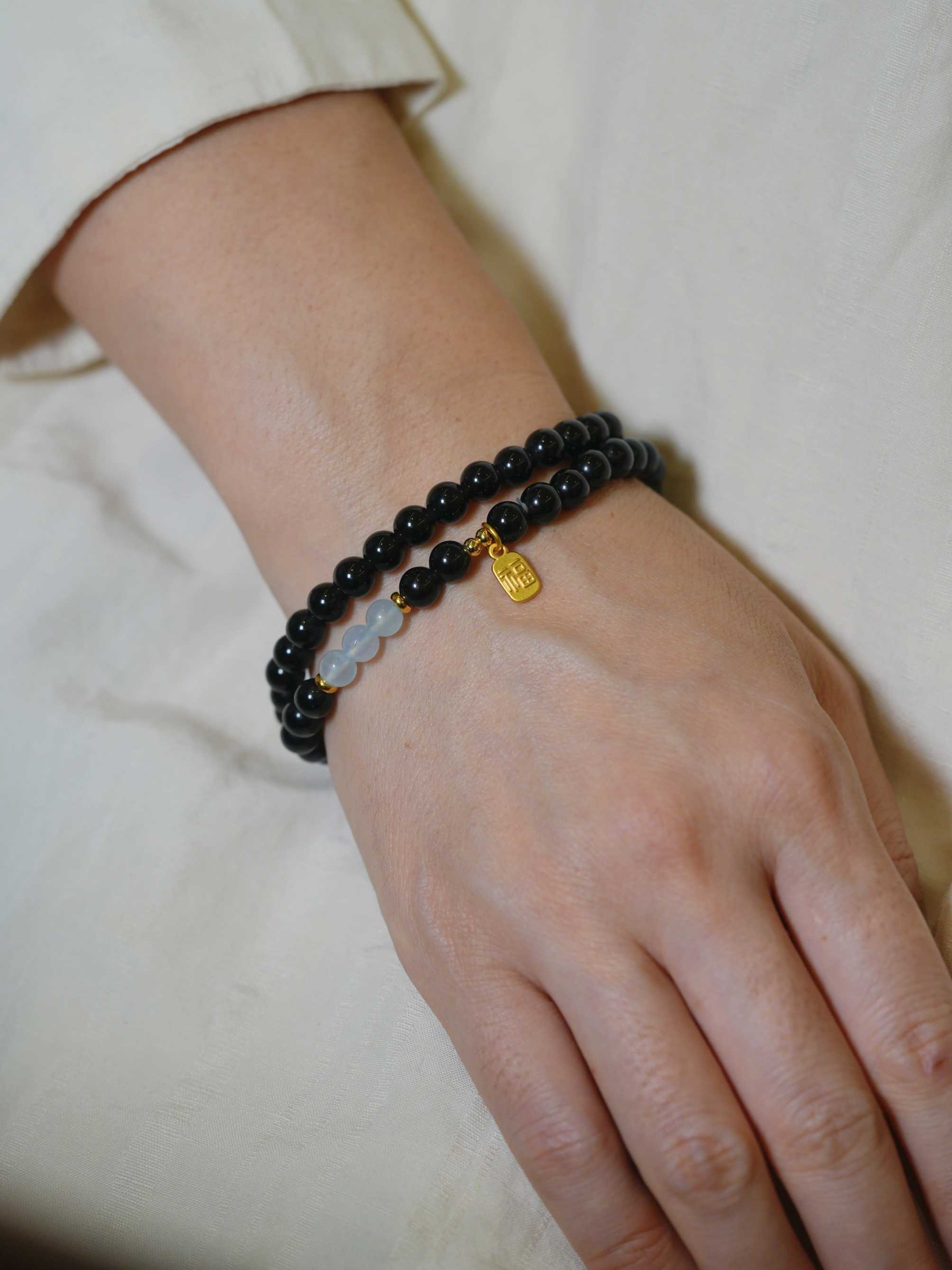 Natural Obsidian Aquamarine White Chalcedony Wealth-Attracting Double-Loop Bracelet