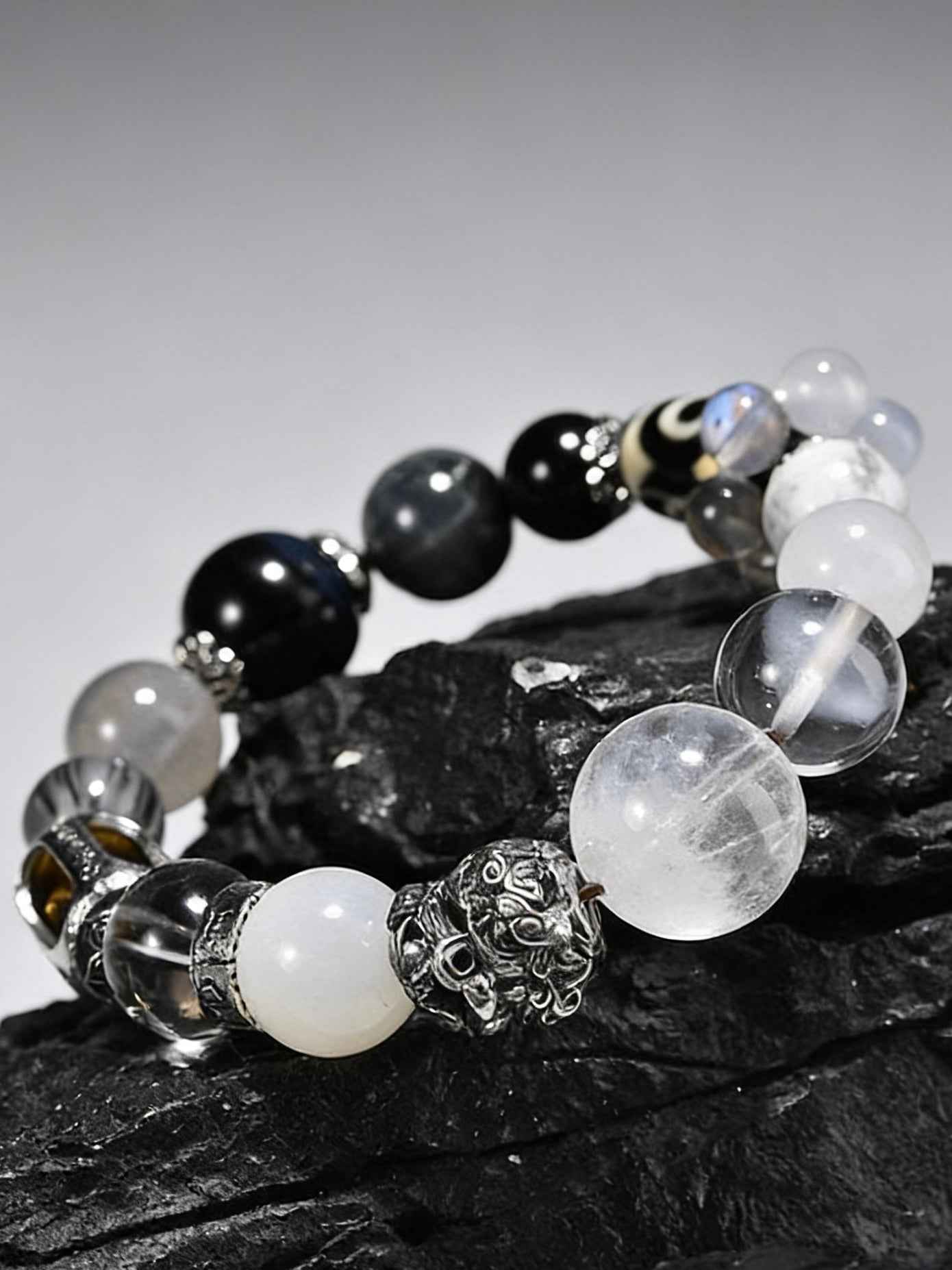 Natural Crystal Obsidian Dzi Moonstone Beaded Bracelet
