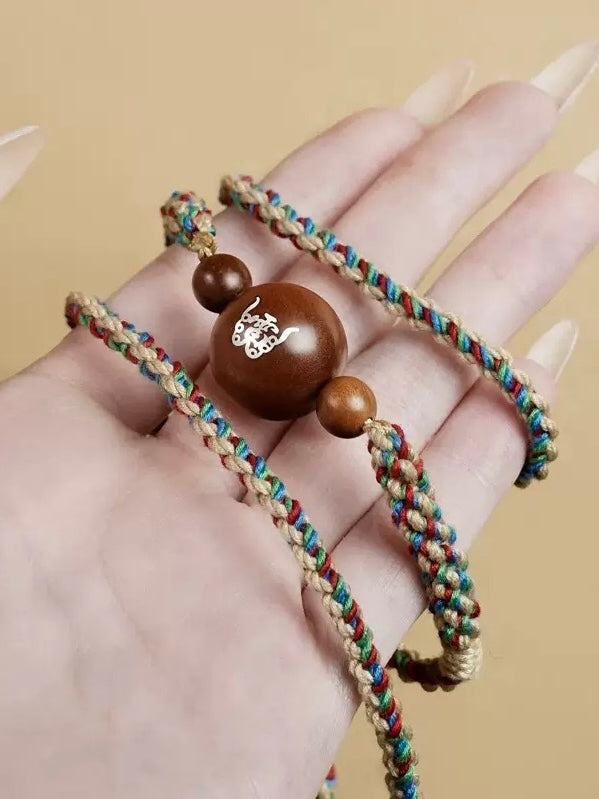 Natural Jujube Wood Silver-Inlaid Thunder God Pendant