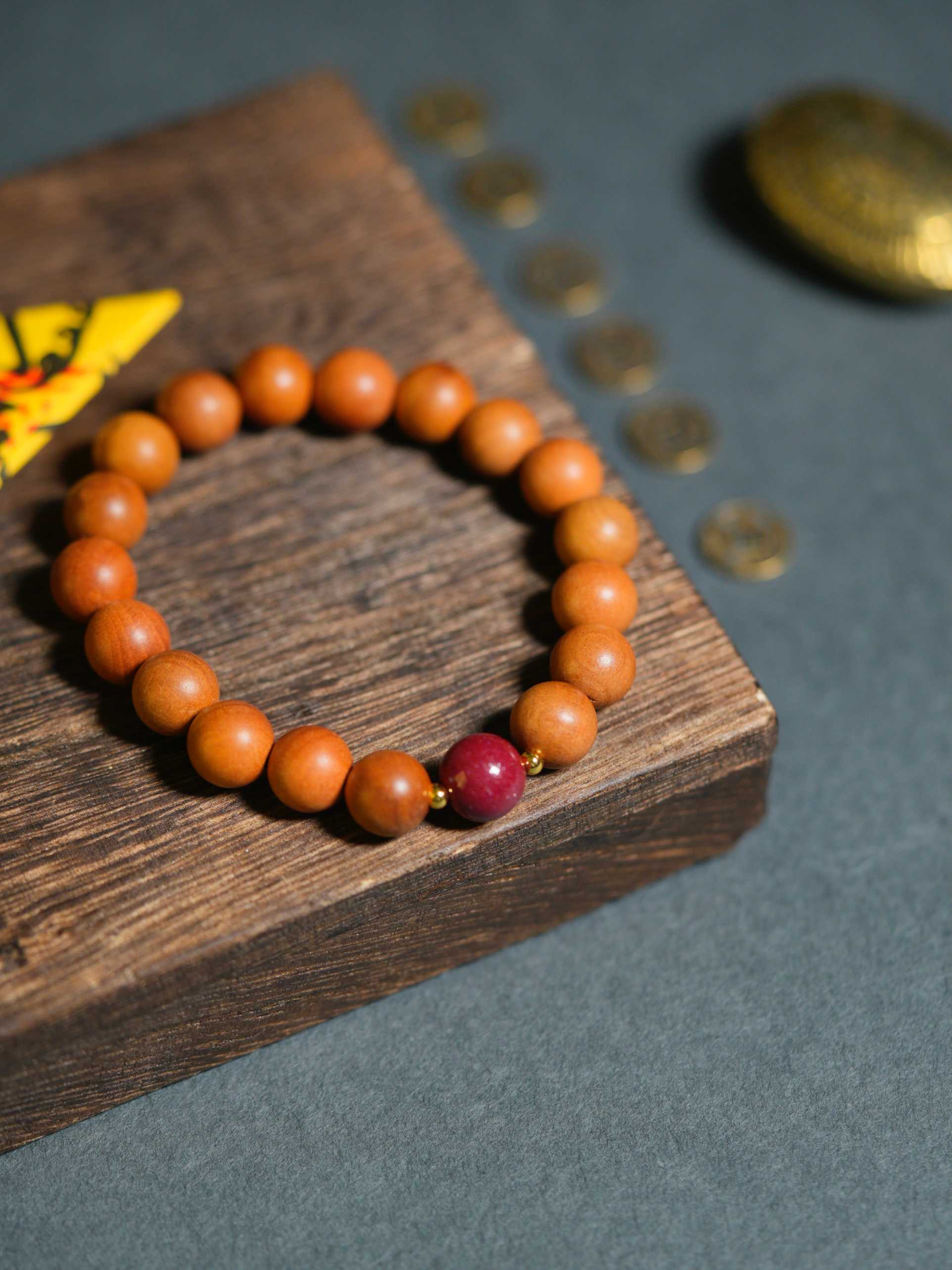 Natural Peach Wood and Cinnabar Calming Bracelet