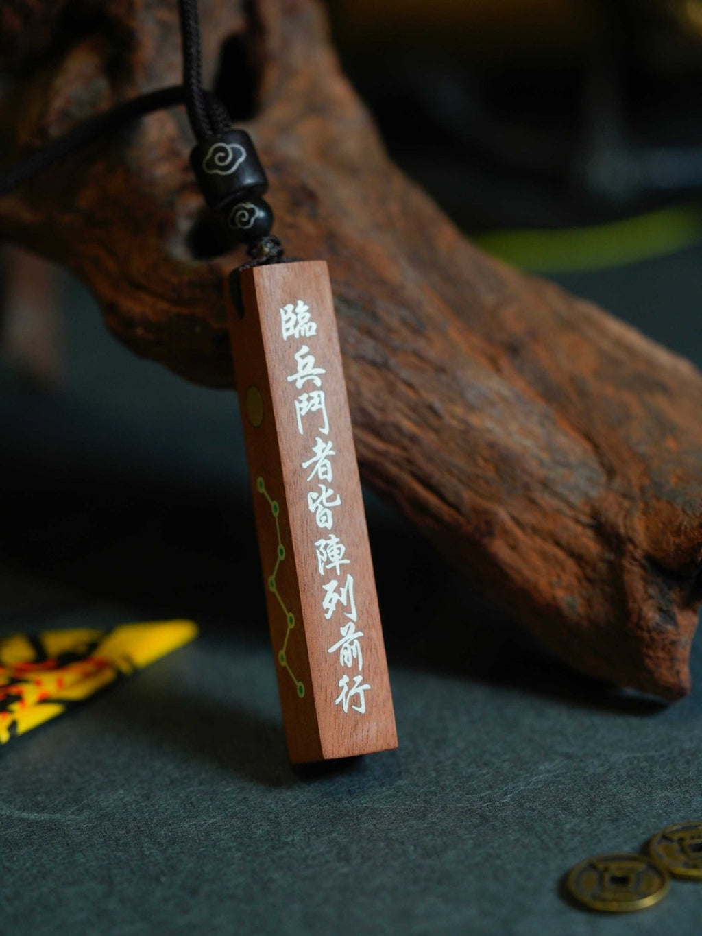 Natural Jujube Wood Four-Side Silver-Inlaid Nine-Word Mantra Pendant