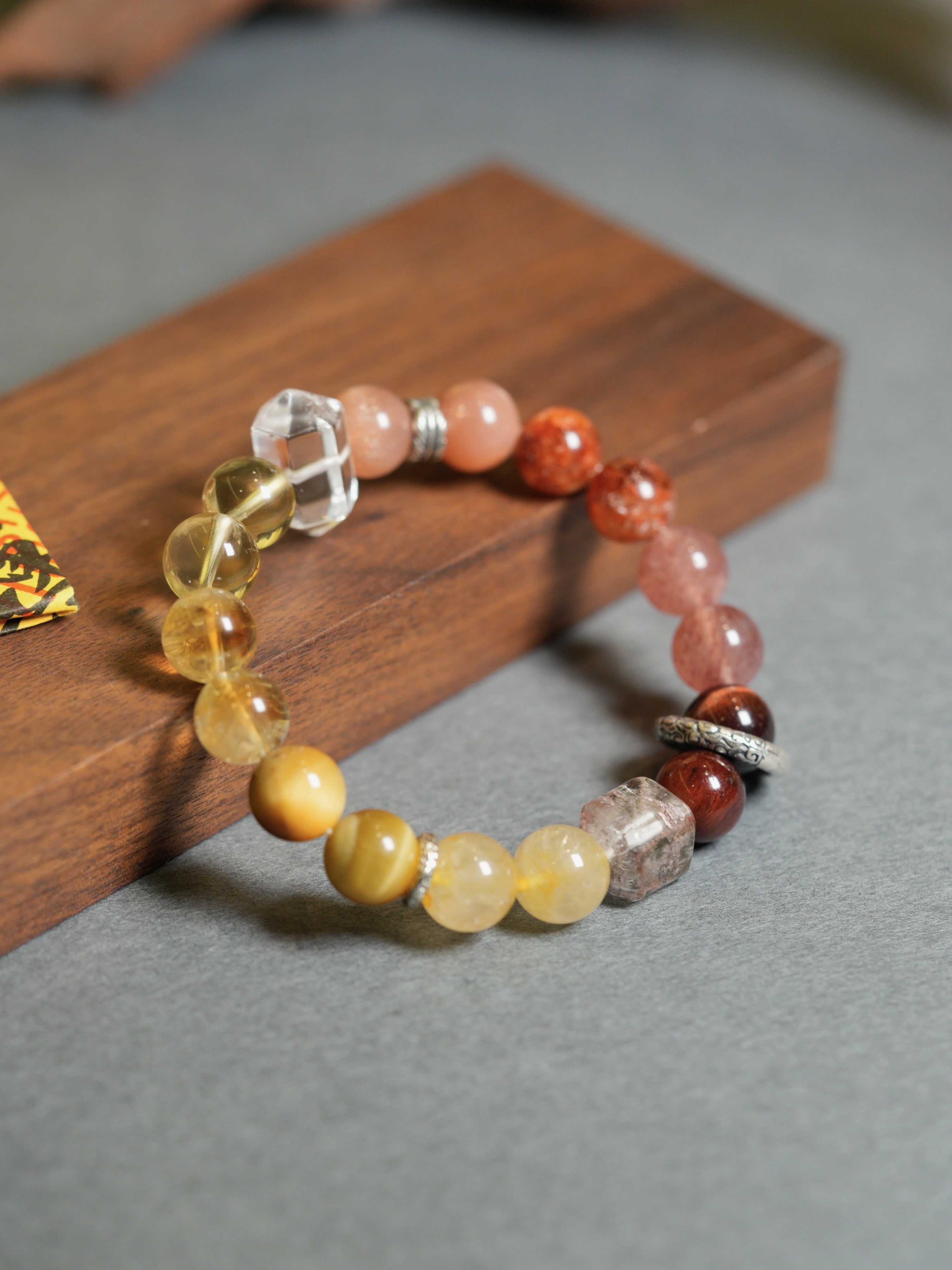 Natural Crystal Tiger's Eye Sunstone Multi-Gem Wealth-Attracting Beaded Bracelets