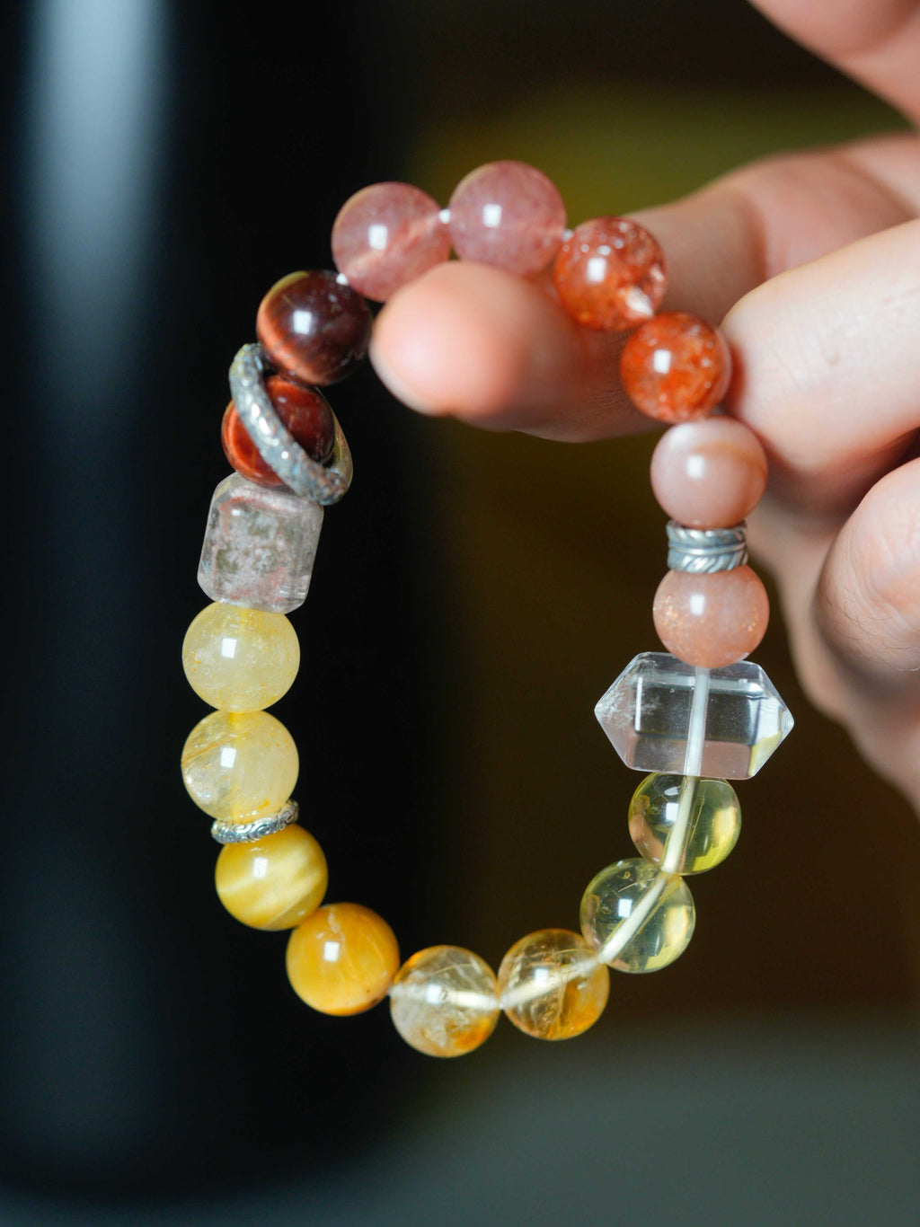 Natural Crystal Tiger's Eye Sunstone Multi-Gem Wealth-Attracting Beaded Bracelets